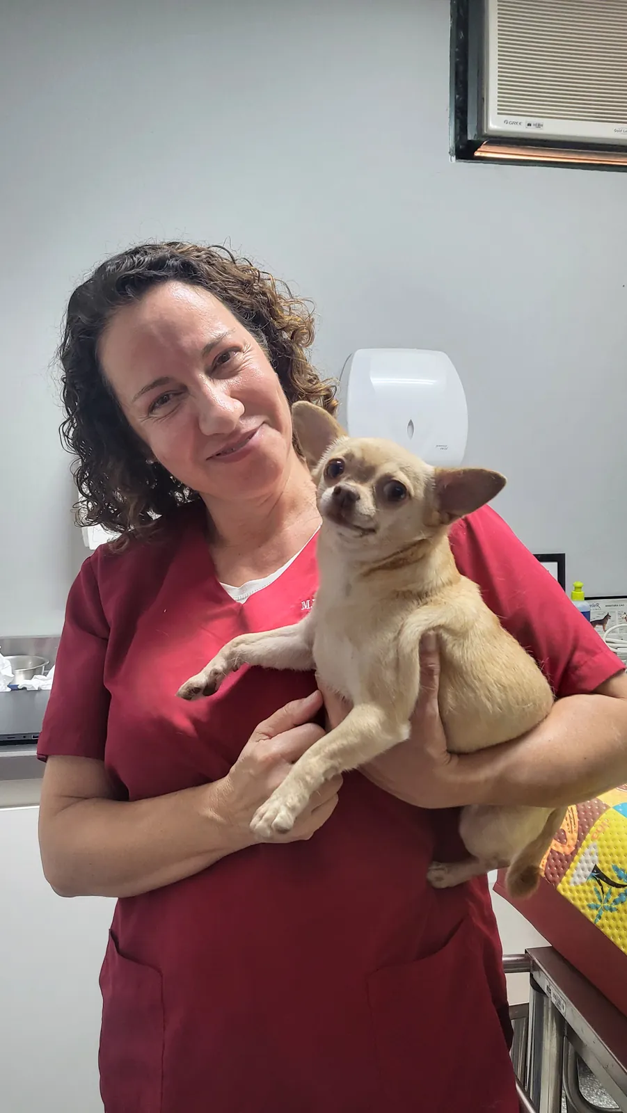 Dra. Nanci Diniz, de uniforme vinho, segurando um chihuahua